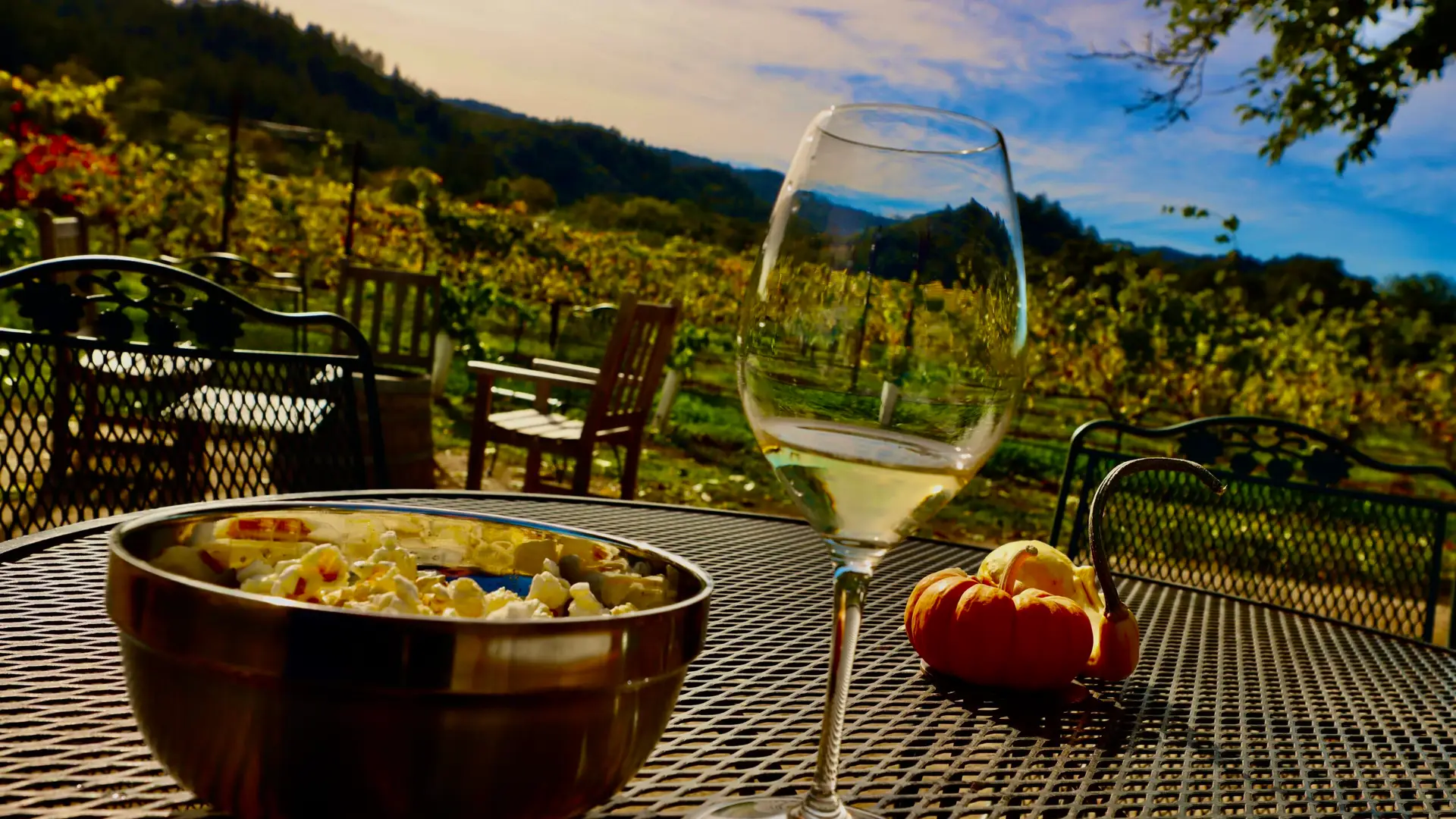 A bowl of popcorn and a glass of white wine on a metal patio table at Amista Vineyards, beside a small pumpkin and a gourd. Rows of vines turning yellow for fall run toward wooded hills under a blue sky.