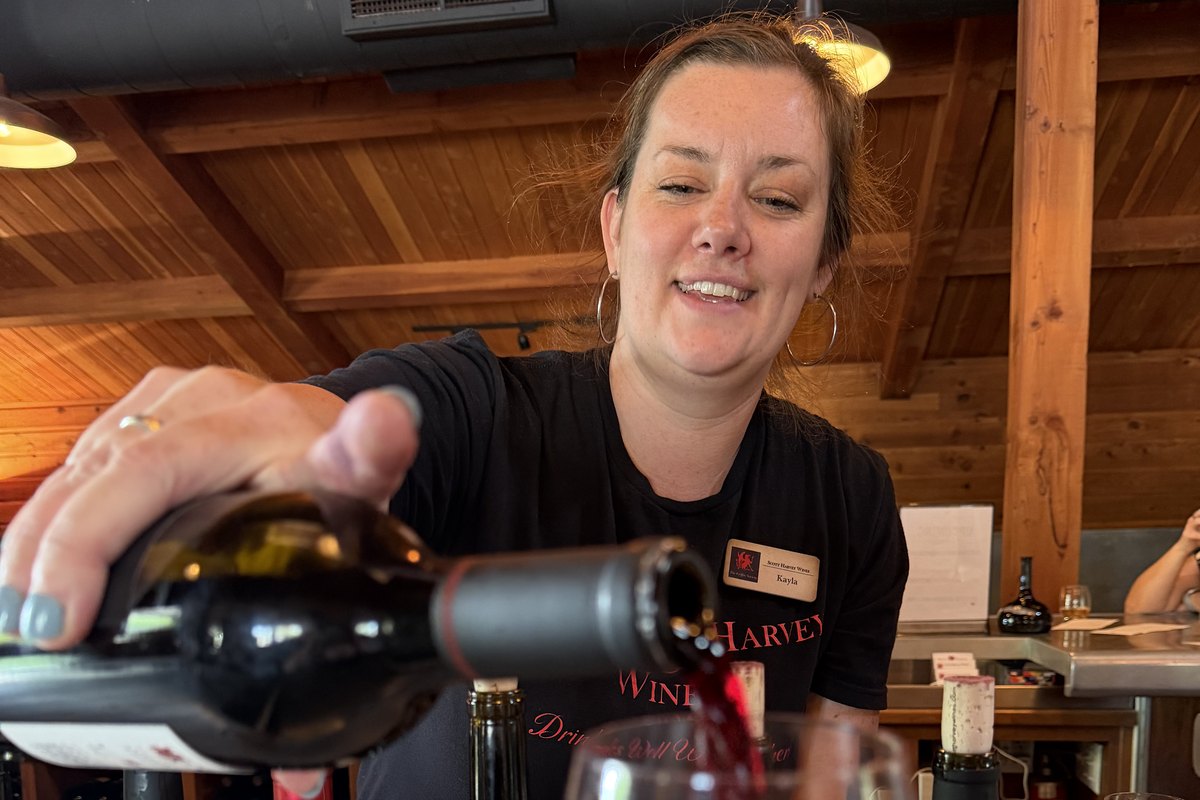 Kayla, a tasting room associate at Scott Harvey Winery in Amador County, pours a red wine into a glass across the tasting room counter. She wears a Scott Harvey Winery shirt and name badge, under an open wood-beam ceiling.