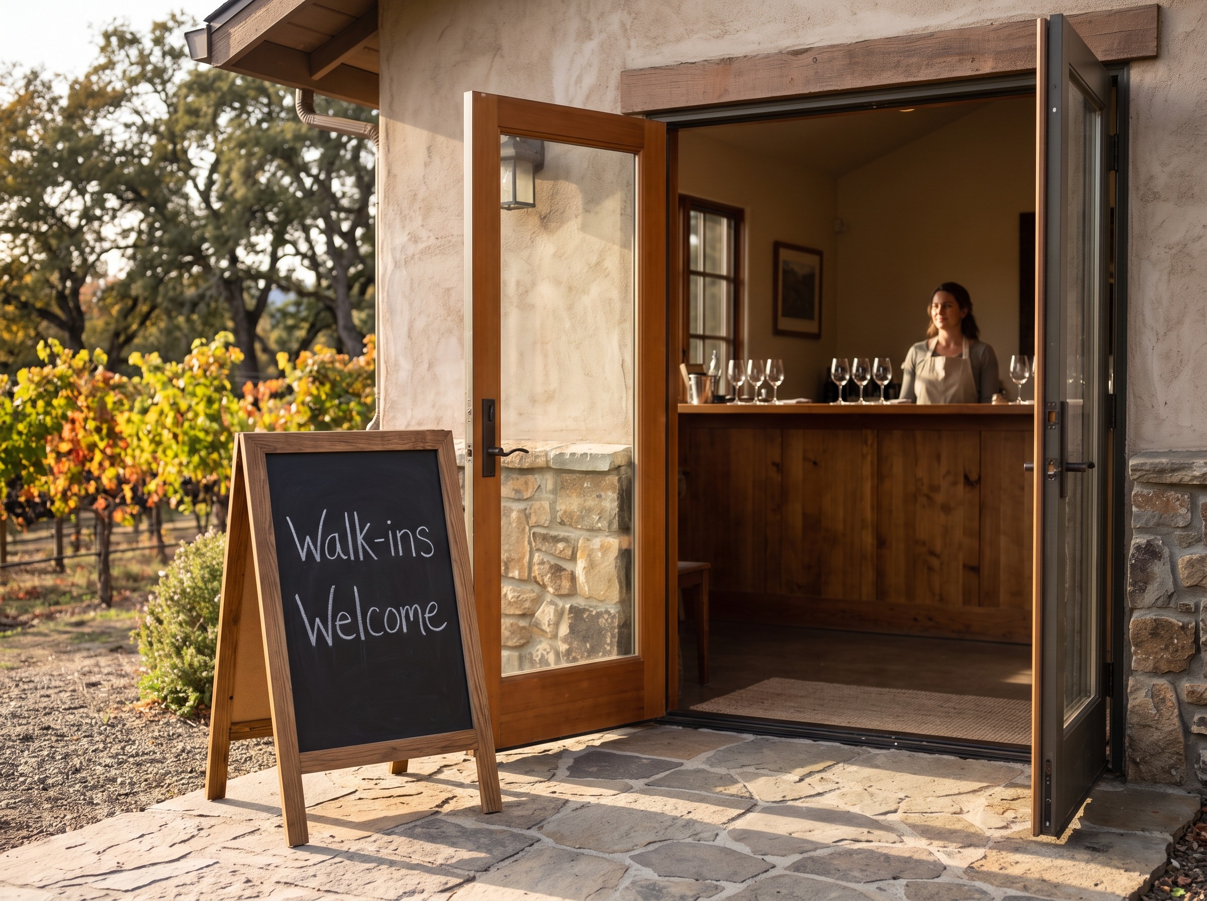 An A-frame chalkboard reading Walk-ins Welcome stands beside the open door of a quiet winery tasting room, where a host waits behind an empty counter