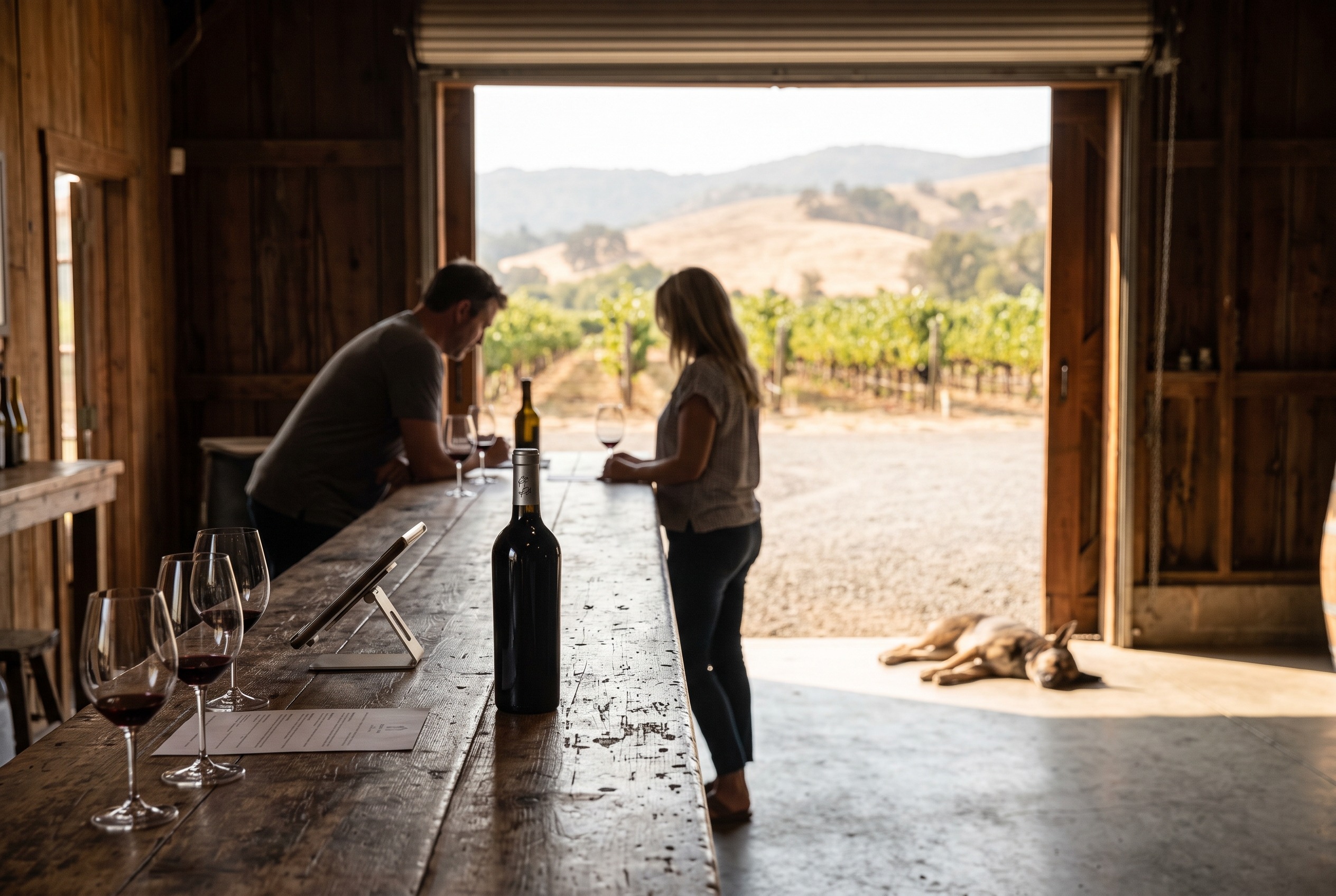 Sunlit tasting room counter in an old Dry Creek Valley barn, the big doors rolled open and a dog asleep in the shade outside.