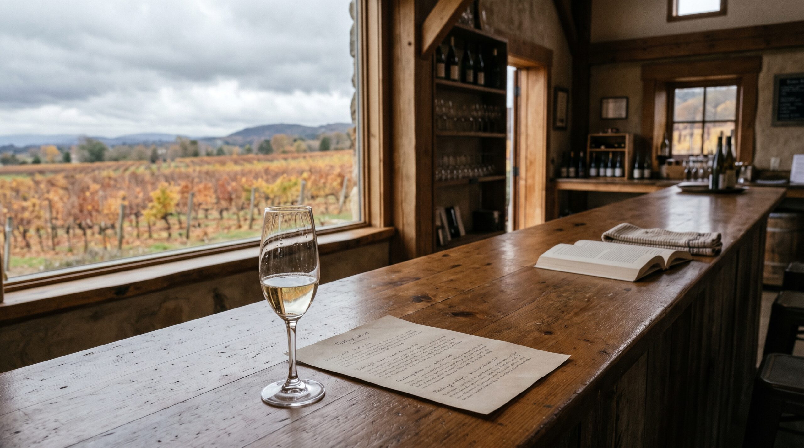 An empty winery tasting room in November, with a single glass and a tasting sheet in the foreground and a book lying face down at the far end of the counter, autumn vines visible through the window.