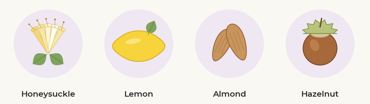 Flavor icons: honeysuckle, lemon, almond, and hazelnut.