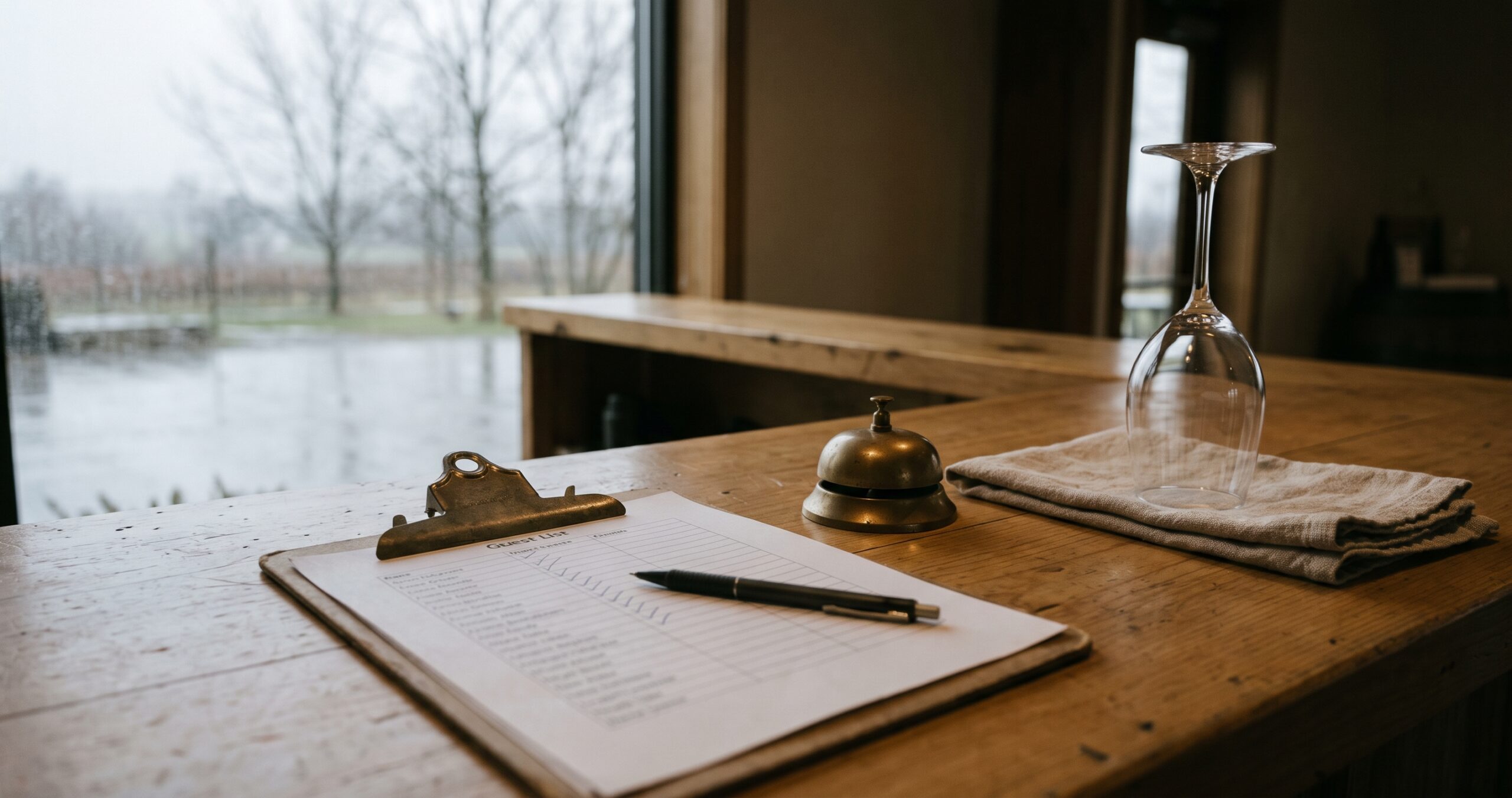 A guest list on a clipboard with a pen on a wooden counter, next to a brass service bell and an upturned wine glass, on a gray November morning before opening.