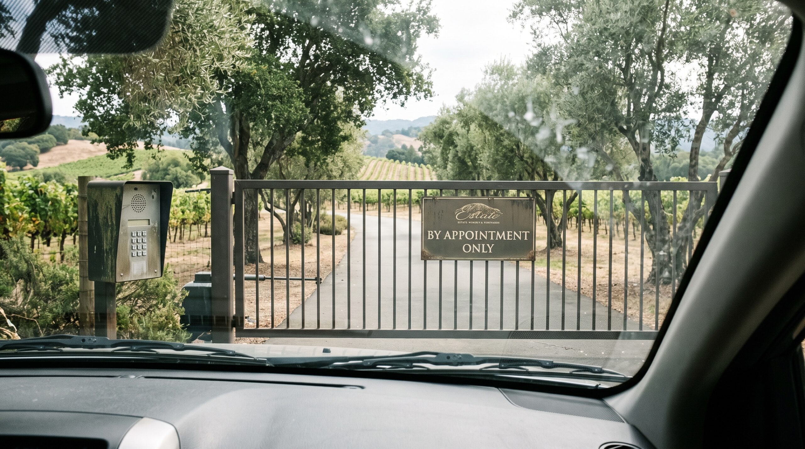 A closed iron gate with a call box and a By Appointment Only sign blocks a winery driveway in the foothills, with an empty tasting room visible up the hill beyond autumn vines
