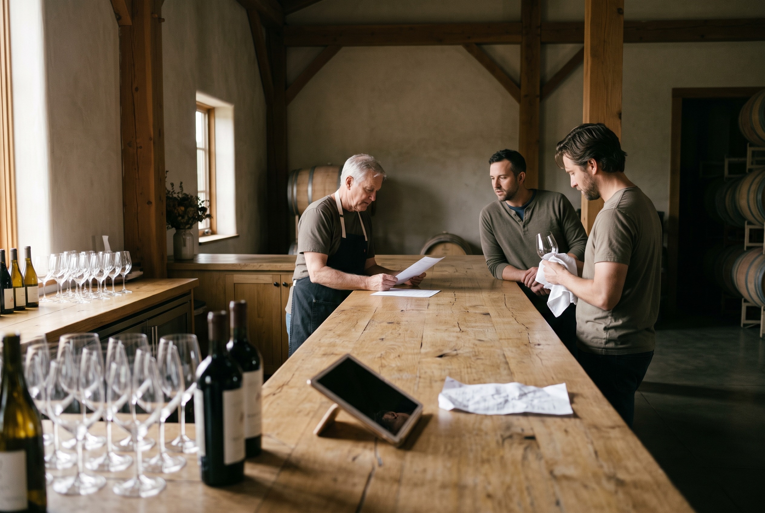 Three tasting room hosts gather at an oak counter before opening, one reading from a reservation list as morning light comes through the window.